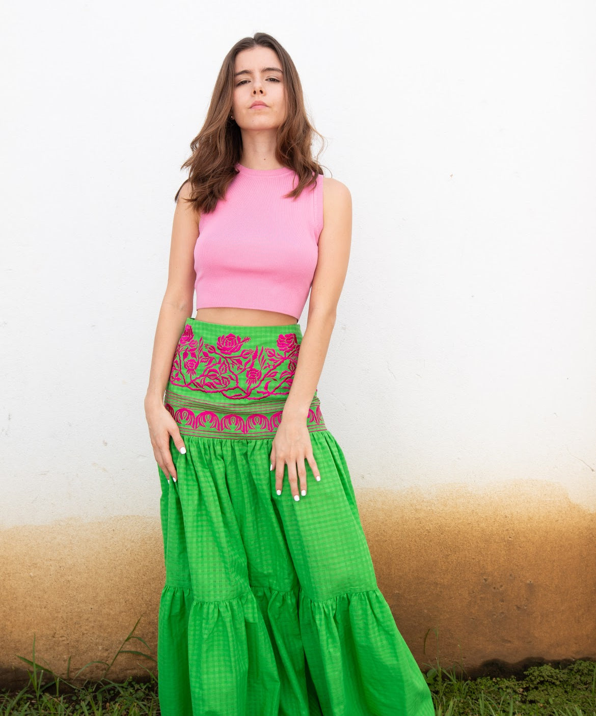 Green Espina Skirt with Pink Embroidery