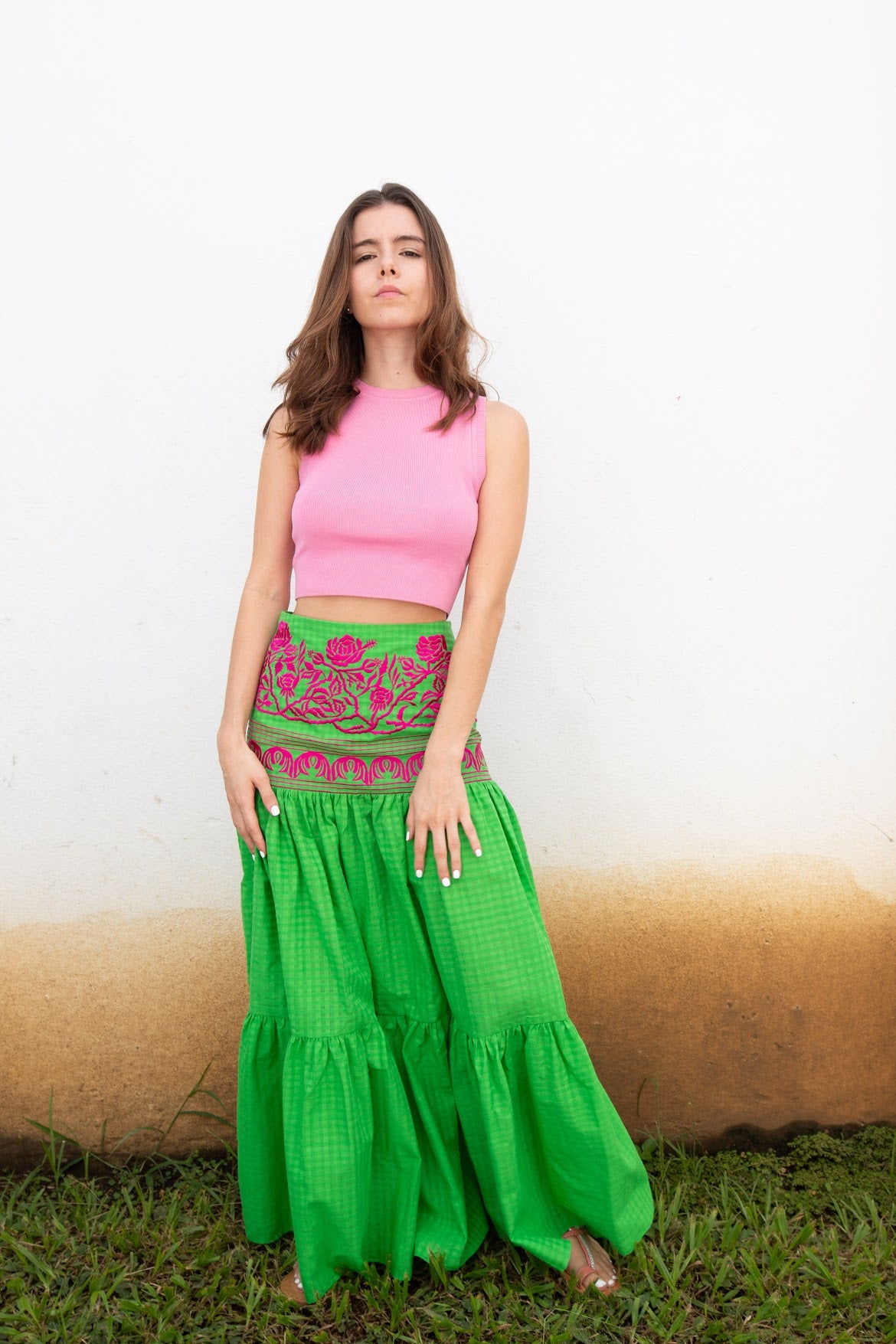 Green Espina Skirt with Pink embroidery