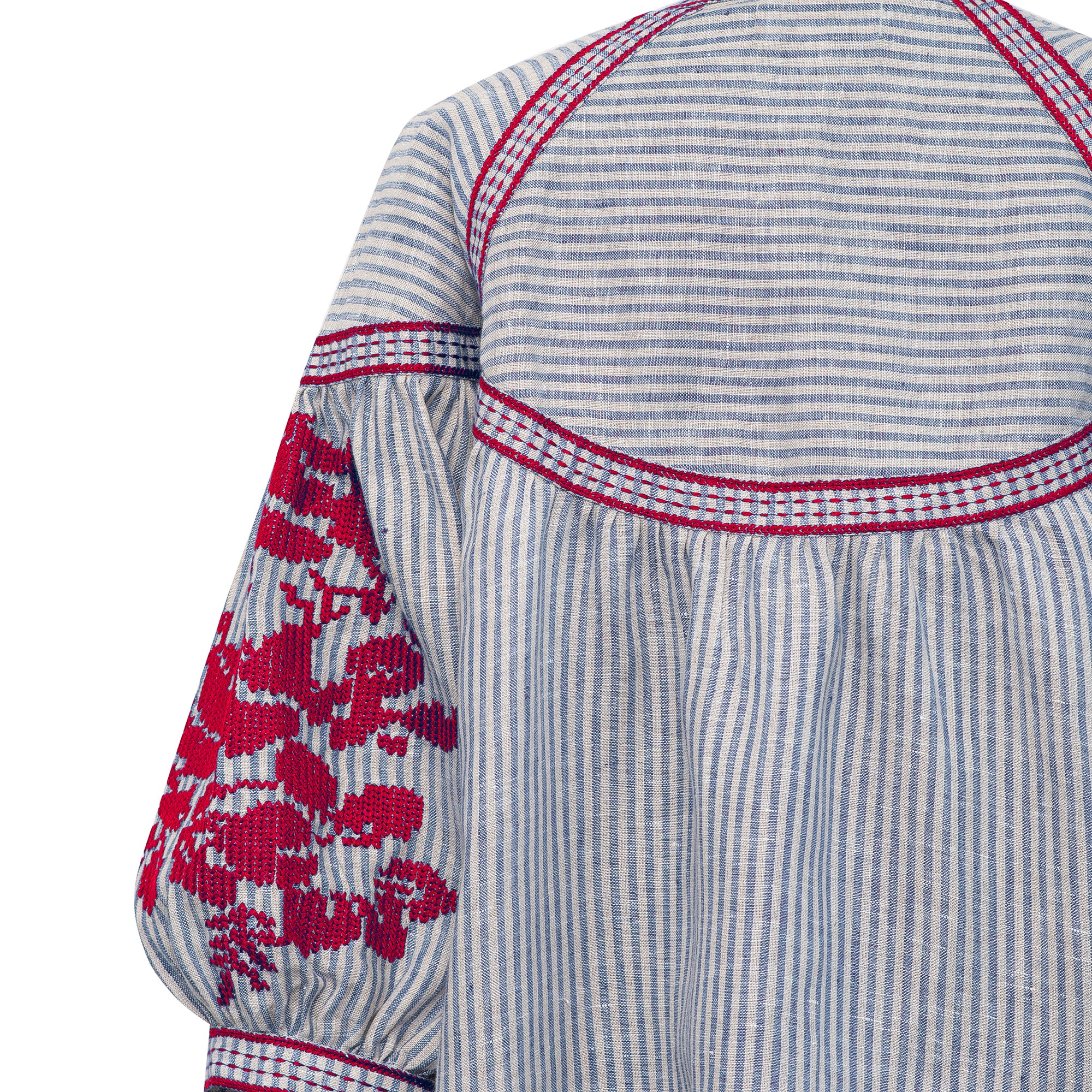 Blue Stripe Blouse with Red Embroidery