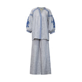 Blue Stripe Blouse with Blue Embroidery