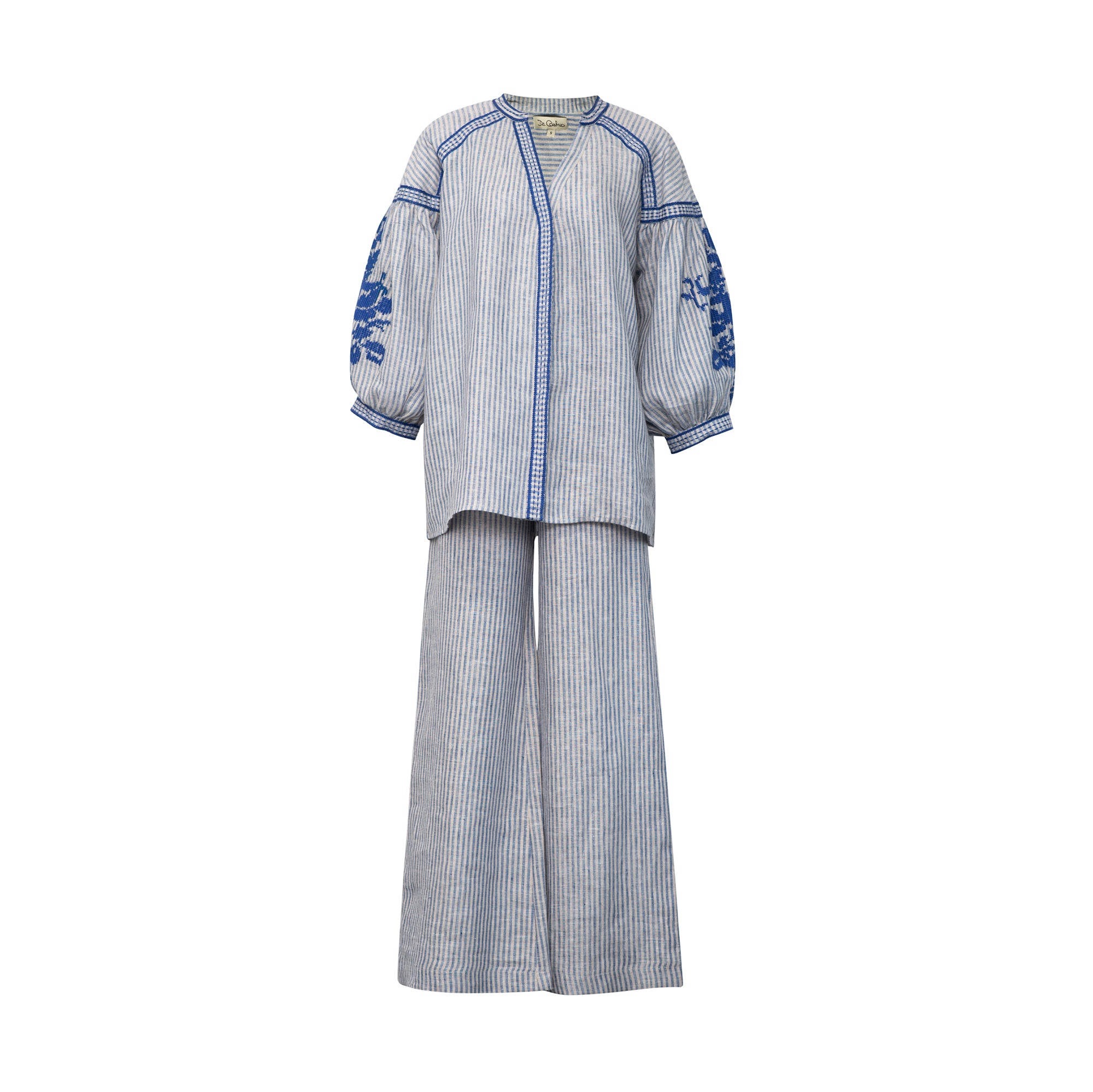 Blue Stripe Blouse with Blue Embroidery