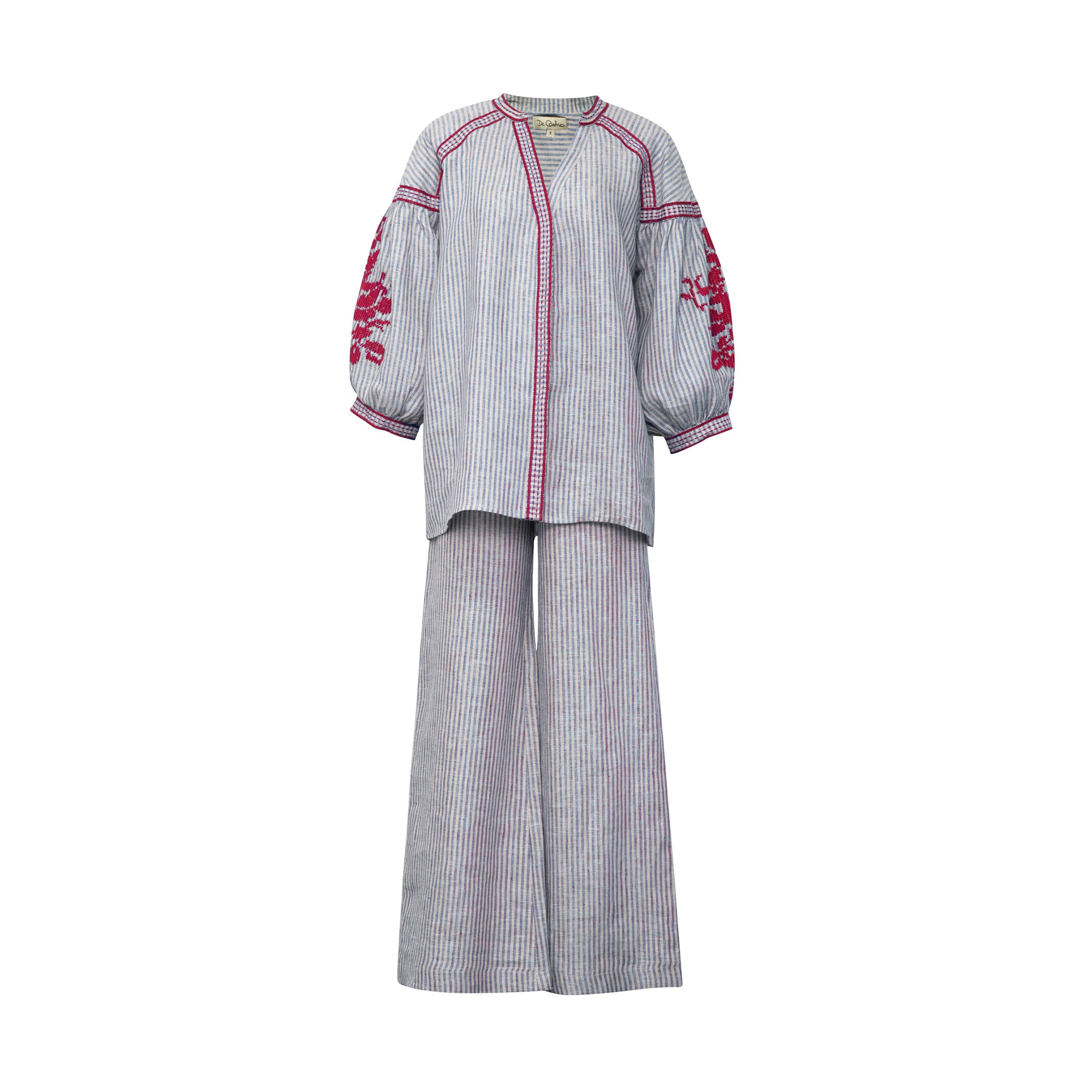 Blue Stripe Blouse with Red Embroidery