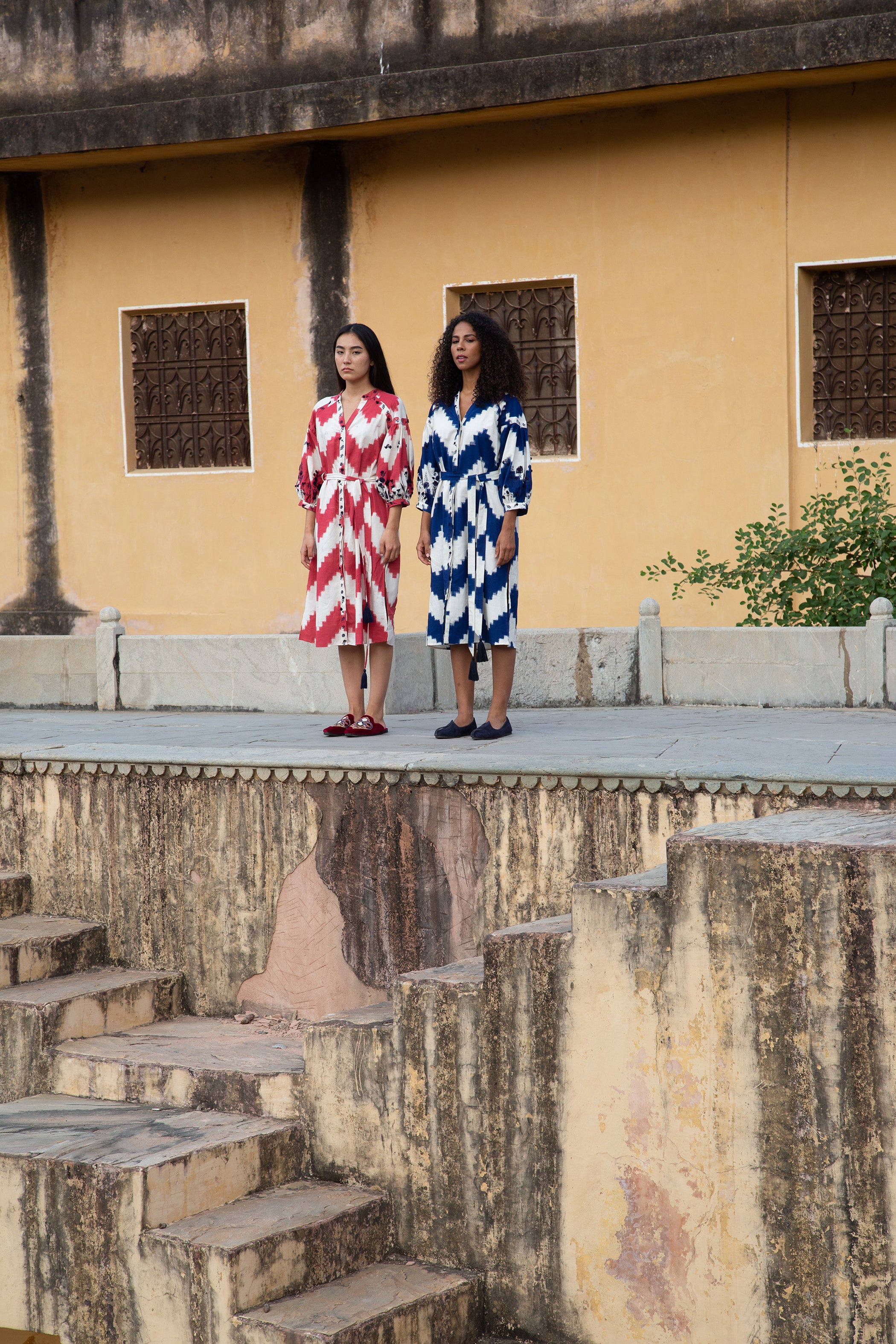 Blue Zig Zag Dress with Multi Embroidery